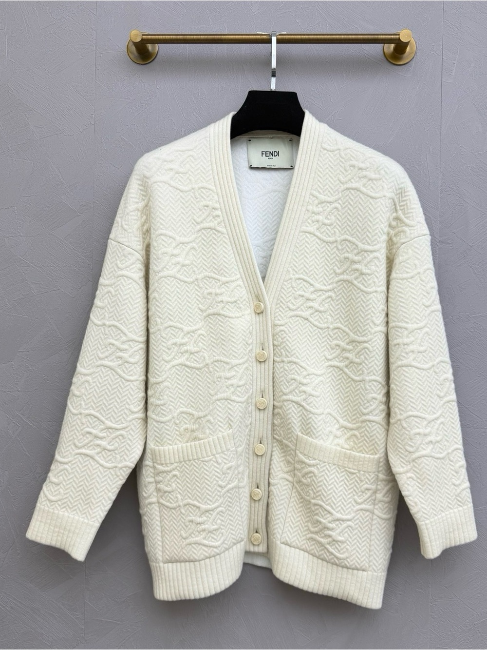 Fendi Ivory Textured Cable Knit V-Neck Cardigan